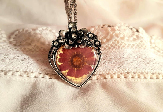 Antique Silver Real Flower Rhinestone Heart Pendant