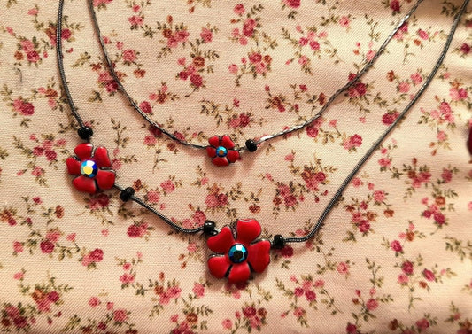 Double Stranded Vintage Enamel Rhinestone Poppy Flower Necklace