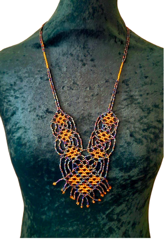 Vintage Glass Seed Bead Lattice Work Long Length Necklace