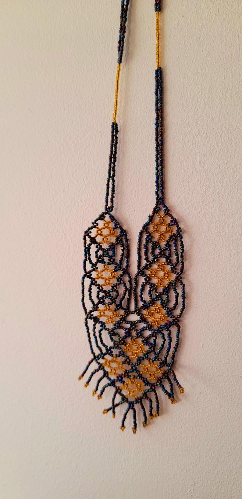Vintage Glass Seed Bead Lattice Work Long Length Necklace