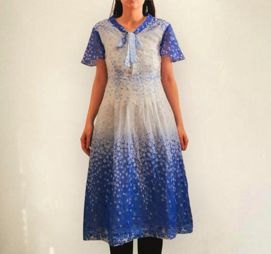 Vintage 70s Blue White Flower Chiffon Dress