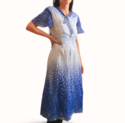 Vintage 70s Blue White Flower Chiffon Dress