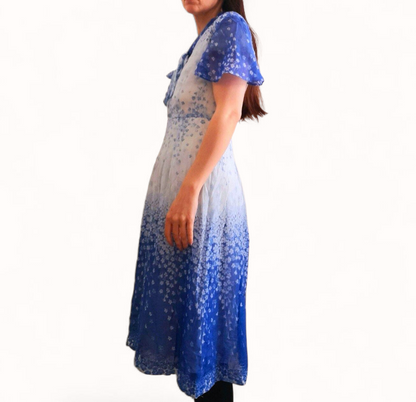 Vintage 70s Blue White Flower Chiffon Dress