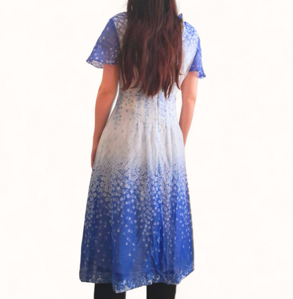 Vintage 70s Blue White Flower Chiffon Dress
