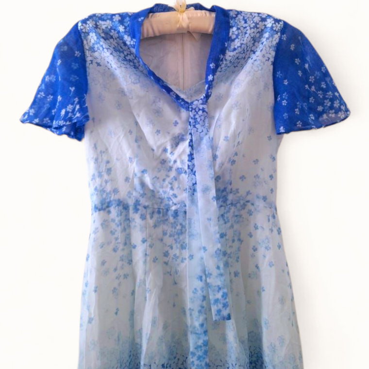 Vintage 70s Blue White Flower Chiffon Dress