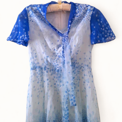 Vintage 70s Blue White Flower Chiffon Dress