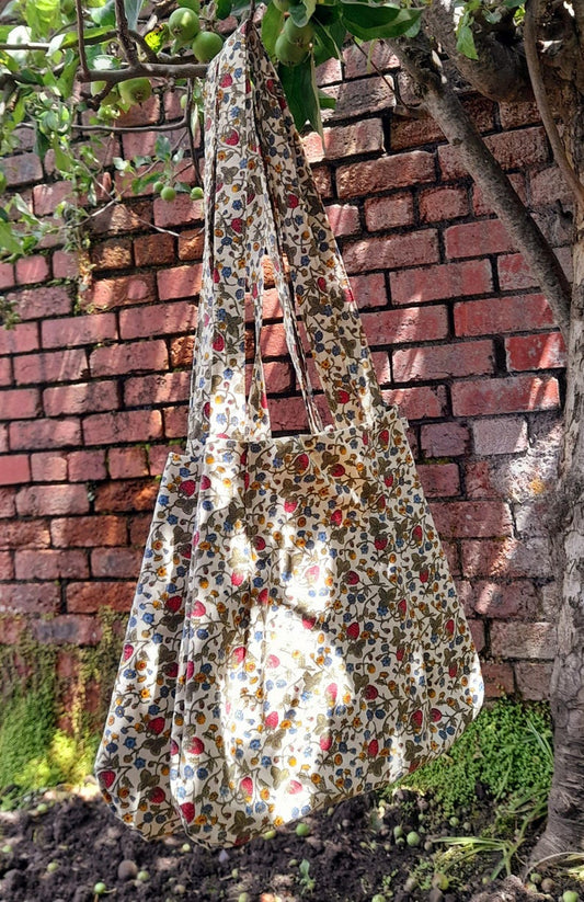 Strawberry Meadow Wildflower Vintage Cotton Fabric Tote Bag