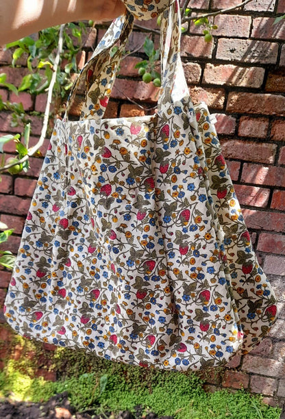 Strawberry Meadow Wildflower Vintage Fabric Tote