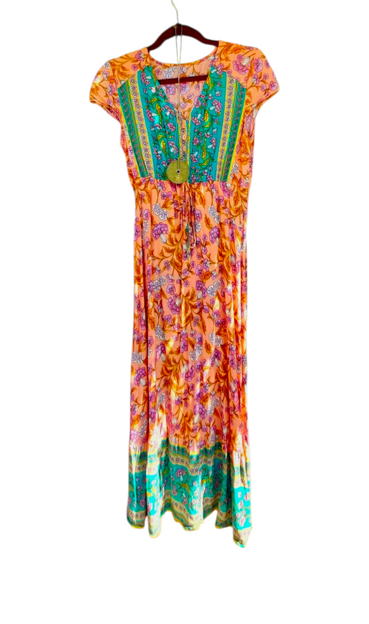 Vintage 70s Coral Teal Floral Maxi Dress