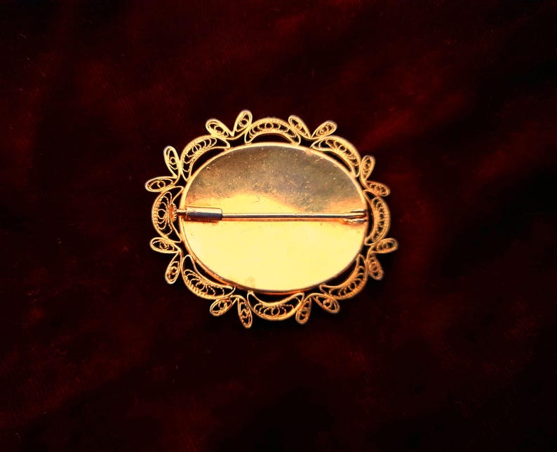 Damascene 1940s Bird & Flowers Gold Filigree Brooch