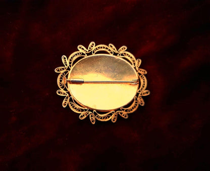 Damascene 1940s Bird & Flowers Gold Filigree Brooch