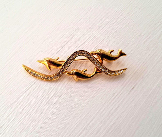 Dolphin Pod Waves Gold Rhinestone Vintage Brooch