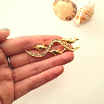 Dolphin Pod Waves Gold Rhinestone Vintage Brooch