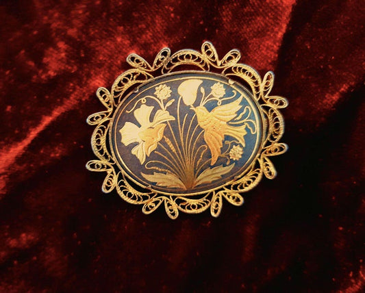Damascene 1940s Bird & Flowers Gold Filigree Brooch