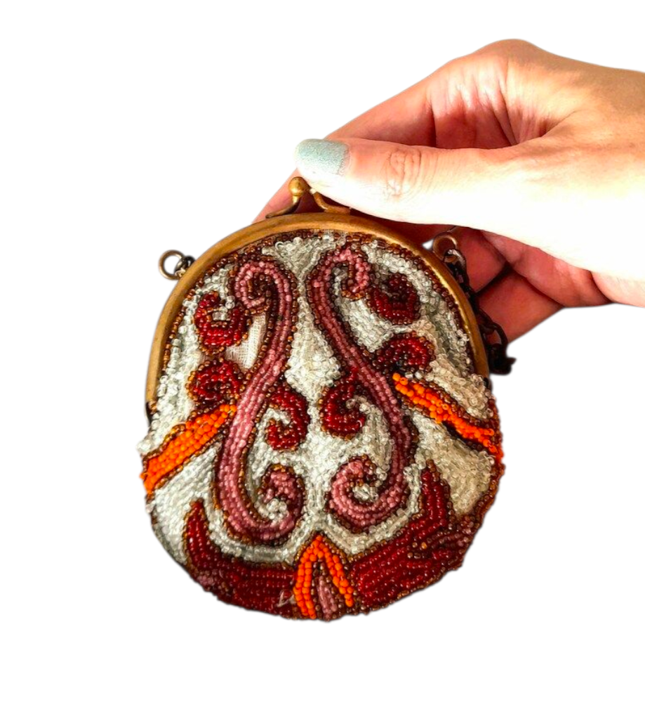 Antique 1930s Small Glass Beaded Clasp Bag