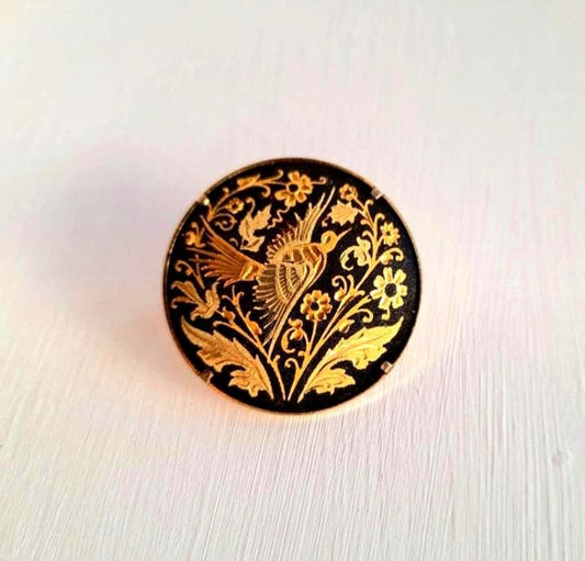 Vintage Gold Damascene Bird & Flowers Brooch