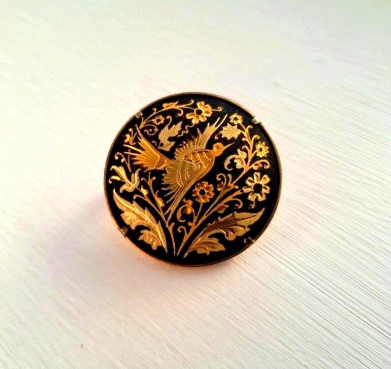 Vintage Gold Damascene Bird & Flowers Brooch