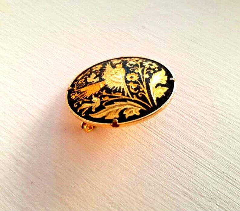 Vintage Gold Damascene Bird & Flowers Brooch