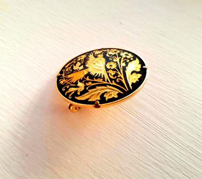 Vintage Gold Damascene Bird & Flowers Brooch