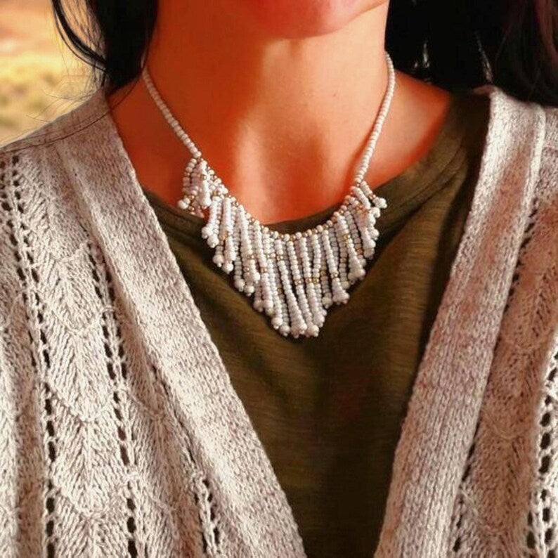 White & Gold Vintage Boho Tassel Bead Necklace