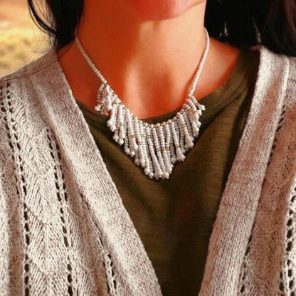 White & Gold Vintage Boho Tassel Bead Necklace