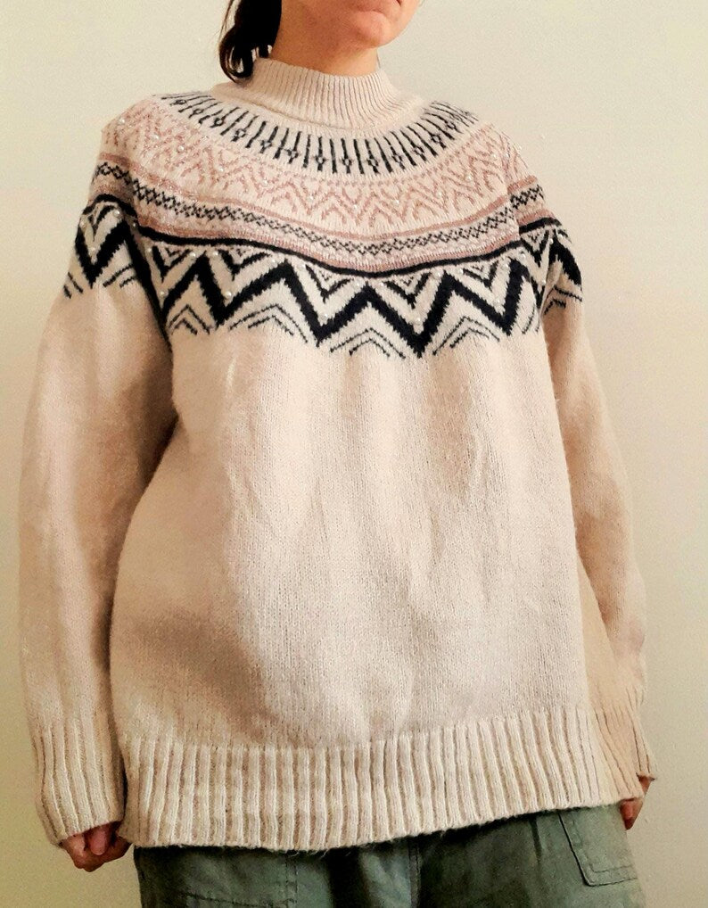 Vintage Y2K Cream Navy Sparkly Pink Icelandic Knit Jumper