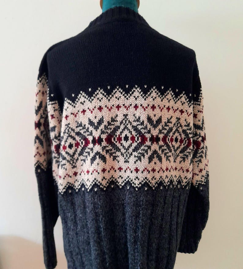 Vintage 90s Black Grey Cream Maroon Geometric Knit Jumper