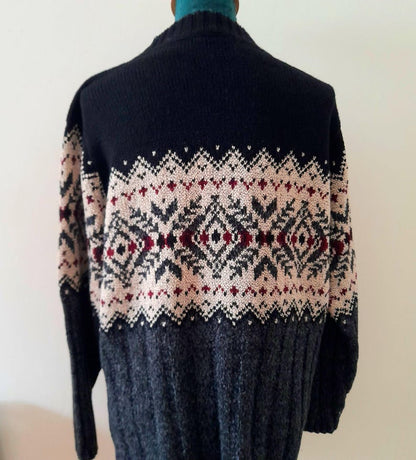 Vintage 90s Black Grey Cream Maroon Geometric Knit Jumper