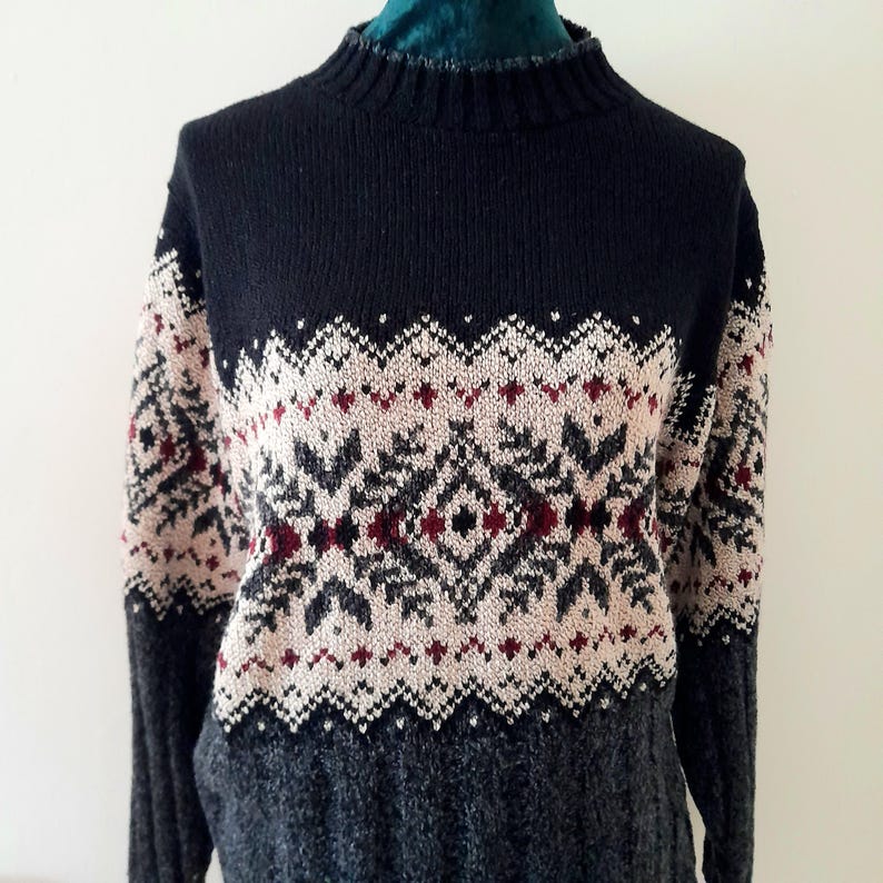 Vintage 90s Black Grey Cream Maroon Geometric Knit Jumper