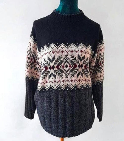Vintage 90s Black Grey Cream Maroon Geometric Knit Jumper