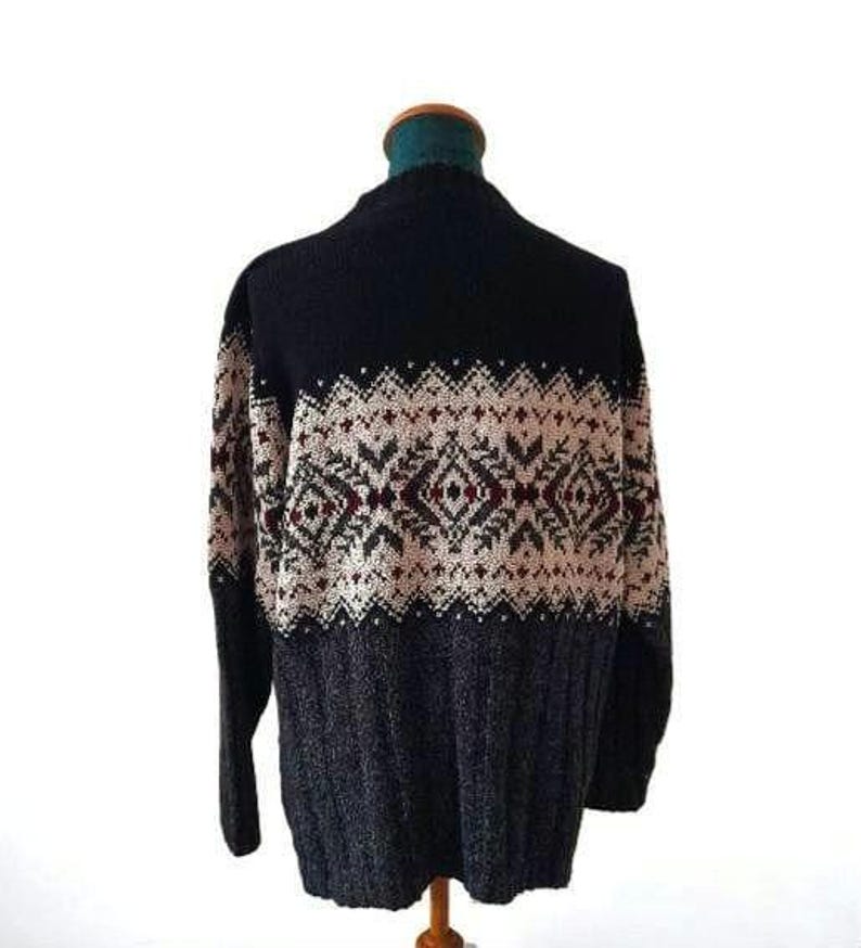 Vintage 90s Black Grey Cream Maroon Geometric Knit Jumper