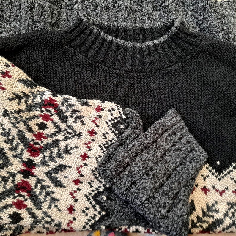 Vintage 90s Black Grey Cream Maroon Geometric Knit Jumper