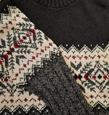 Vintage 90s Black Grey Cream Maroon Geometric Knit Jumper