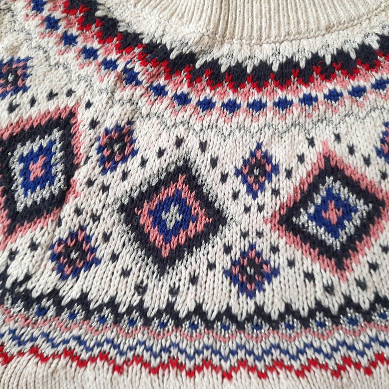 Vintage OLD NAVY Cream Pink Red Blue Silver Sparkly Fairisle Jumper
