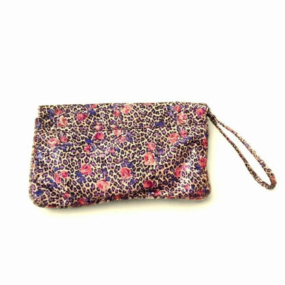 Vintage Y2K PU Faux Leather Leopard Rose Print Wristlet Clutch Bag