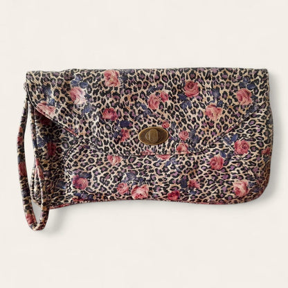 Vintage Y2K PU Faux Leather Leopard Rose Print Wristlet Clutch Bag