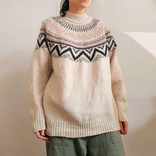 Vintage Y2K Cream Navy Sparkly Pink Icelandic Knit Jumper