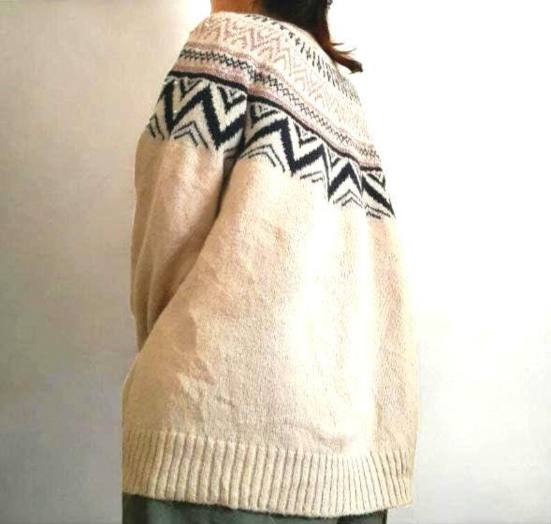 Vintage Y2K Cream Navy Sparkly Pink Icelandic Knit Jumper