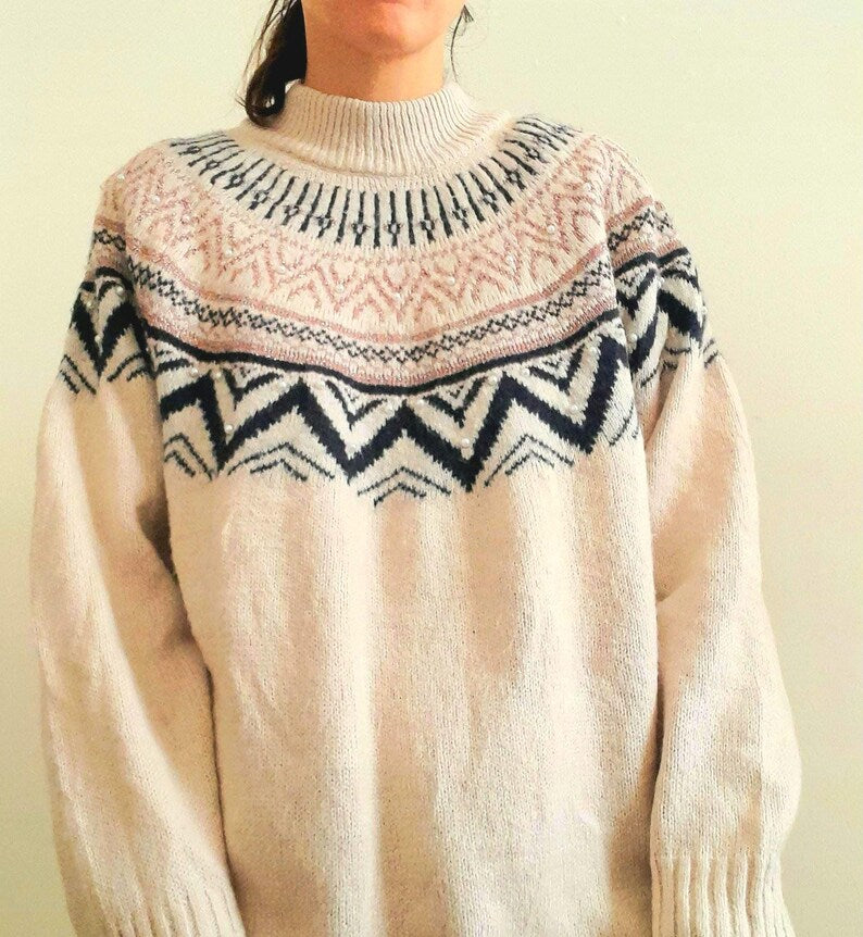 Vintage Y2K Cream Navy Sparkly Pink Icelandic Knit Jumper