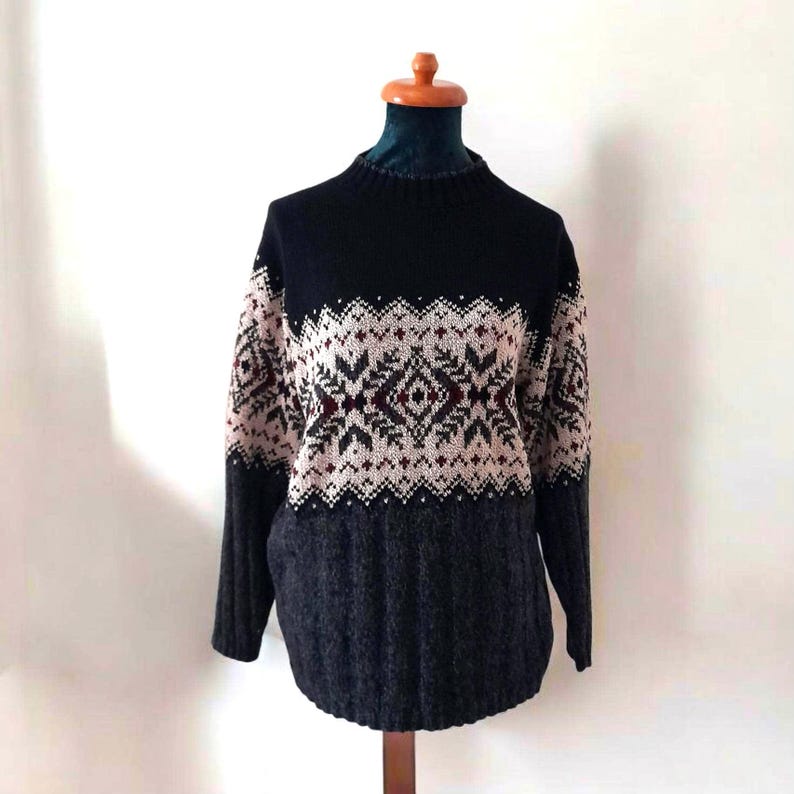 Vintage 90s Black Grey Cream Maroon Geometric Knit Jumper