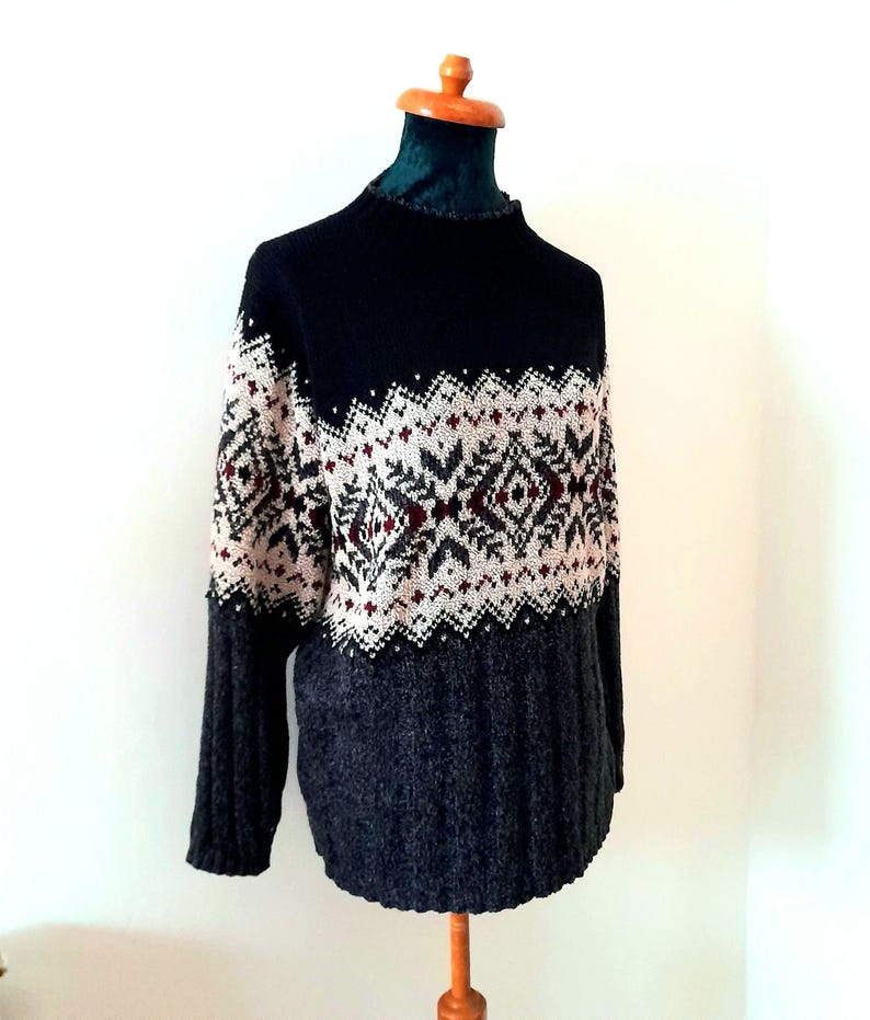 Vintage 90s Black Grey Cream Maroon Geometric Knit Jumper