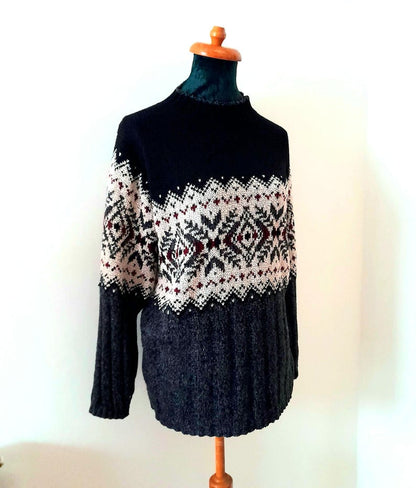 Vintage 90s Black Grey Cream Maroon Geometric Knit Jumper