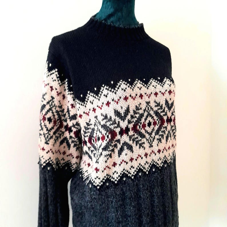 Vintage 90s Black Grey Cream Maroon Geometric Knit Jumper