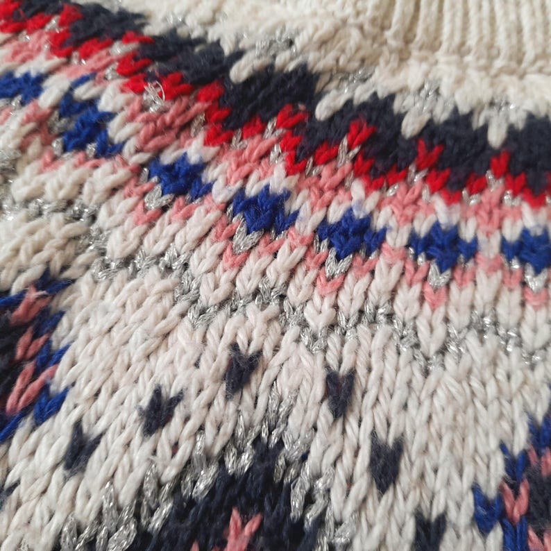 Vintage OLD NAVY Cream Pink Red Blue Silver Sparkly Fairisle Jumper
