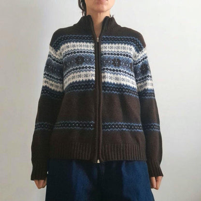 Vintage CAROLYN TAYLOR Brown White Blue Fairisle Knit Zip Up Cardigan