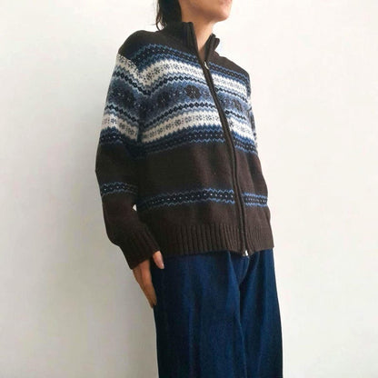Vintage CAROLYN TAYLOR Brown White Blue Fairisle Knit Zip Up Cardigan