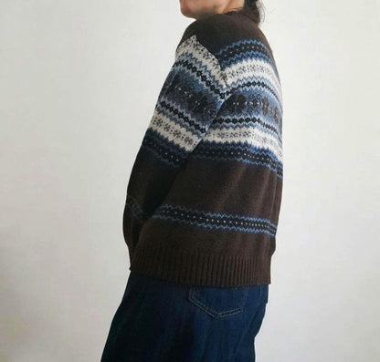 Vintage CAROLYN TAYLOR Brown White Blue Fairisle Knit Zip Up Cardigan