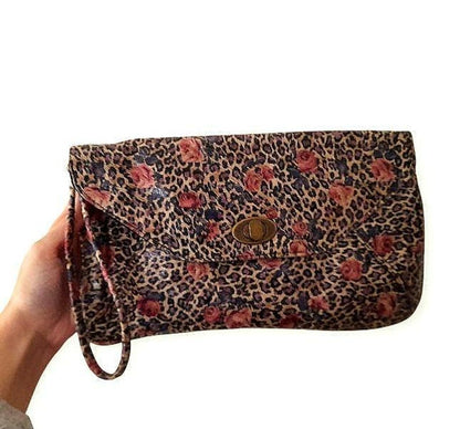 Vintage Y2K PU Faux Leather Leopard Rose Print Wristlet Clutch Bag