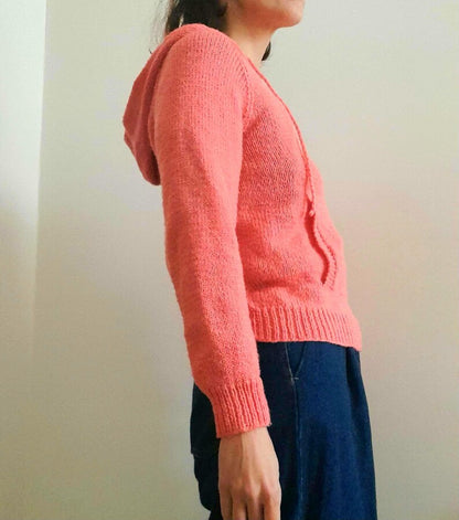 Vintage Y2K Pink Handknitted Drawstring Hooded Jumper