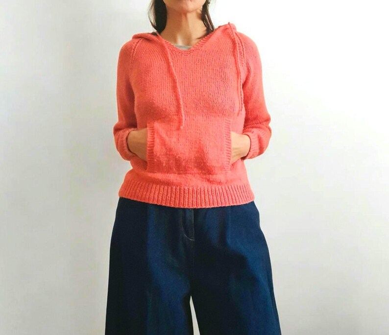 Vintage Y2K Pink Handknitted Drawstring Hooded Jumper